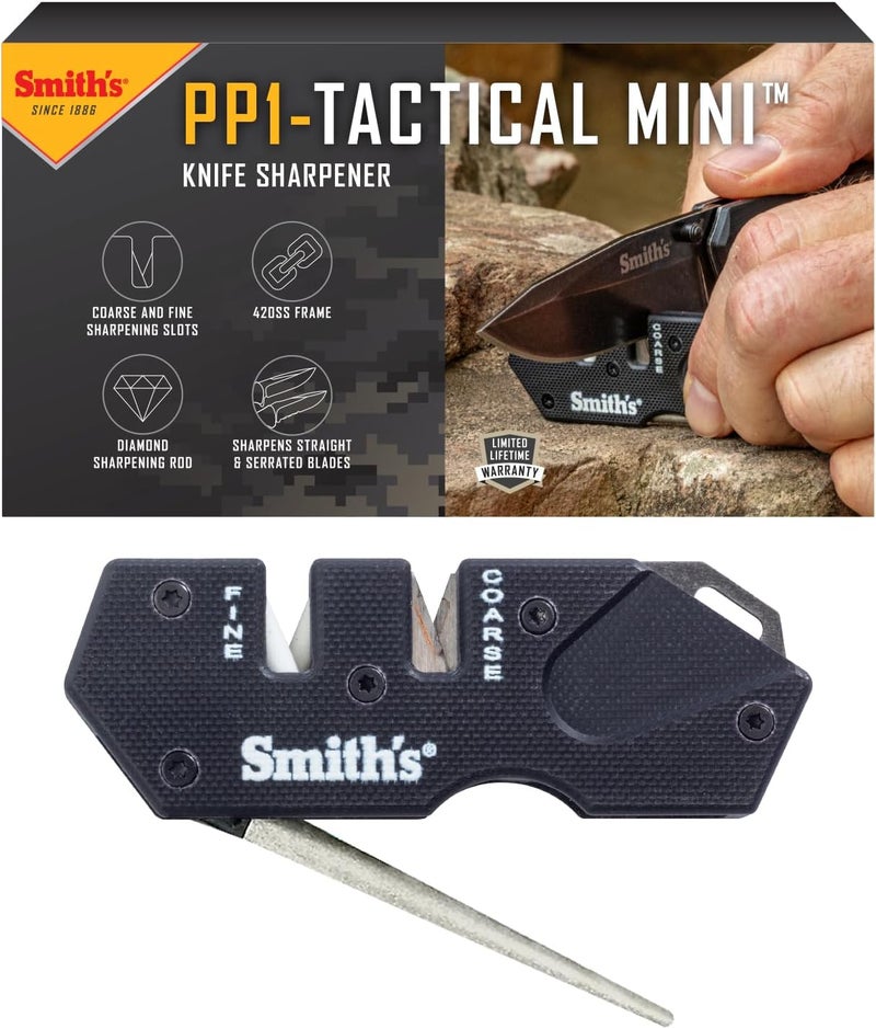 Smiths Smith’s Pocket Pal Tactical Knife Sharpener - 2 Stage Sharpener & Diamond Sharpening Rod - Pocket Clip - Outdoor Hunting Knife & Hook Sharpener - Compact & Lightweight - Image 1
